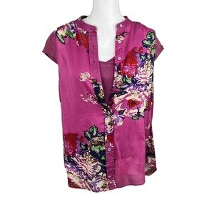 Soft Surroundings Purple & Cream Floral 2 Piece Short Sleeve Top Size Small